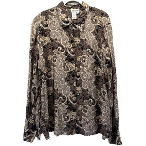 Coldwater Creek Women's Top Blouse Size L Semi‎ Sheer Gold Metallic Brown Black